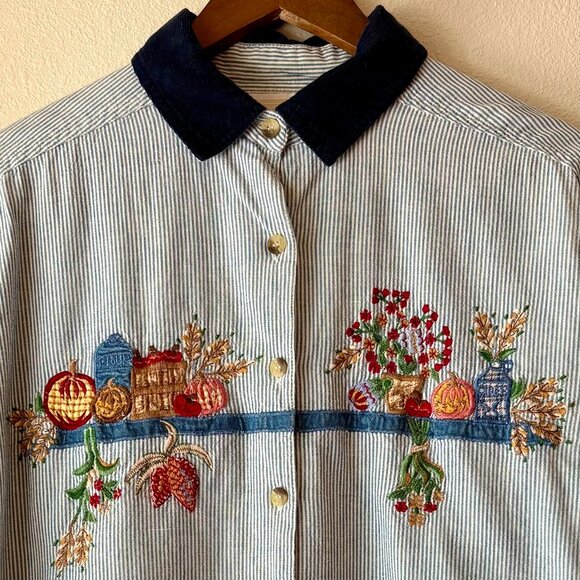 VTG Casey & Max Fall Baking Striped Button Down Shirt Pumpkins Apples Flour XXL - Picture 2 of 12